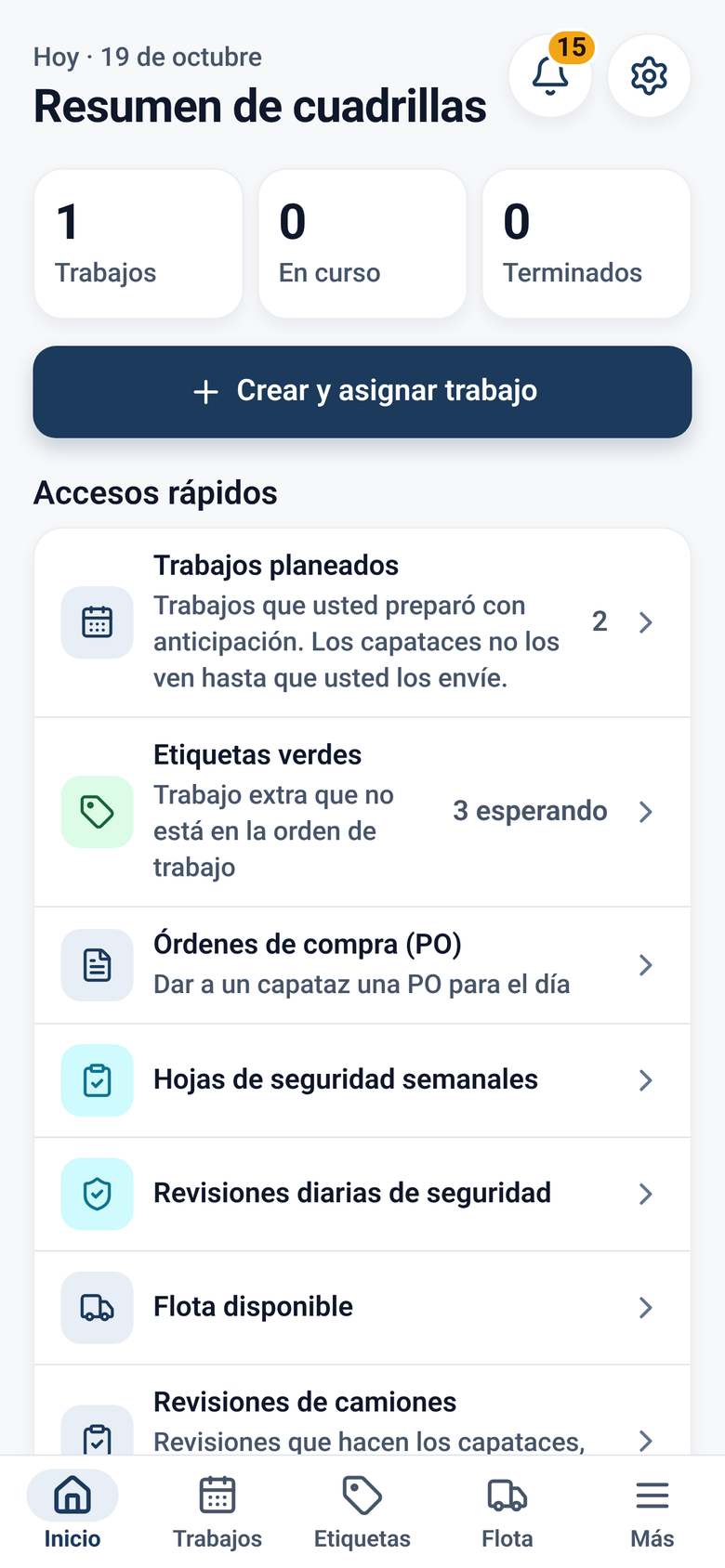 Pantalla de inicio del gerente con resumen de la cuadrilla, conteo de trabajos y accesos directos (datos de ejemplo)