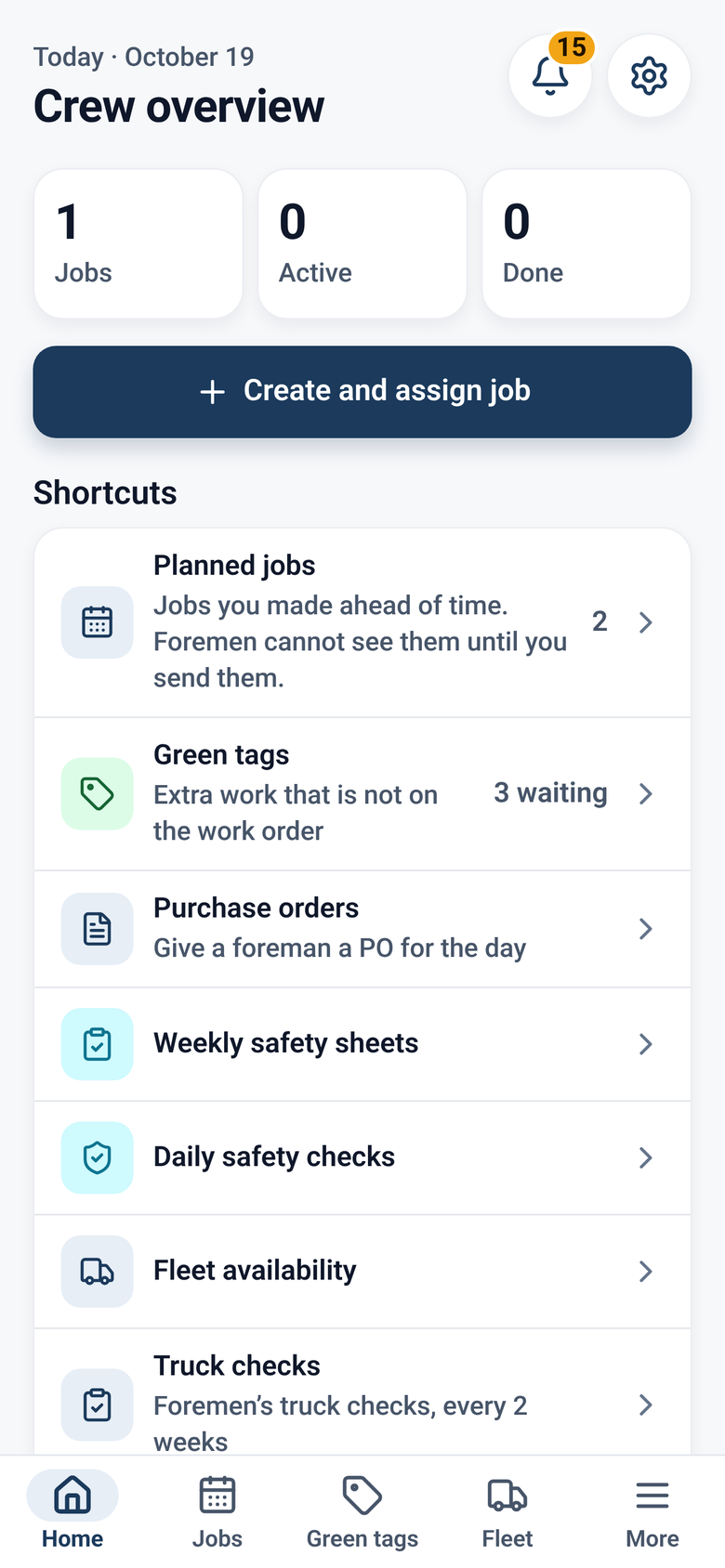 Manager home screen with crew overview, job counts, and shortcuts (sample data)