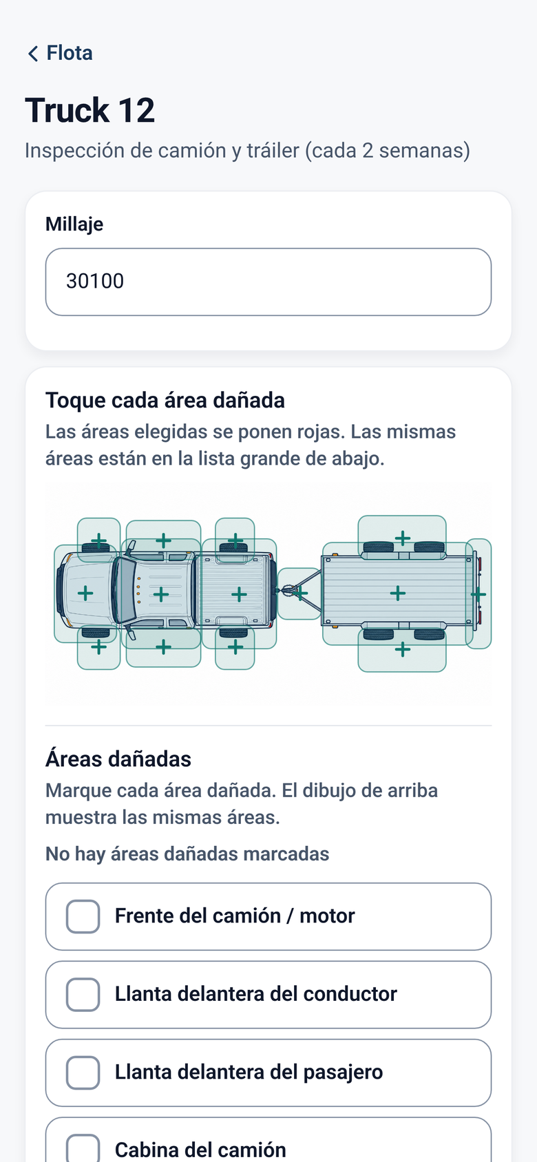 Pantalla de inspección con el camión y el tráiler vistos desde arriba para tocar las partes dañadas (datos de ejemplo)