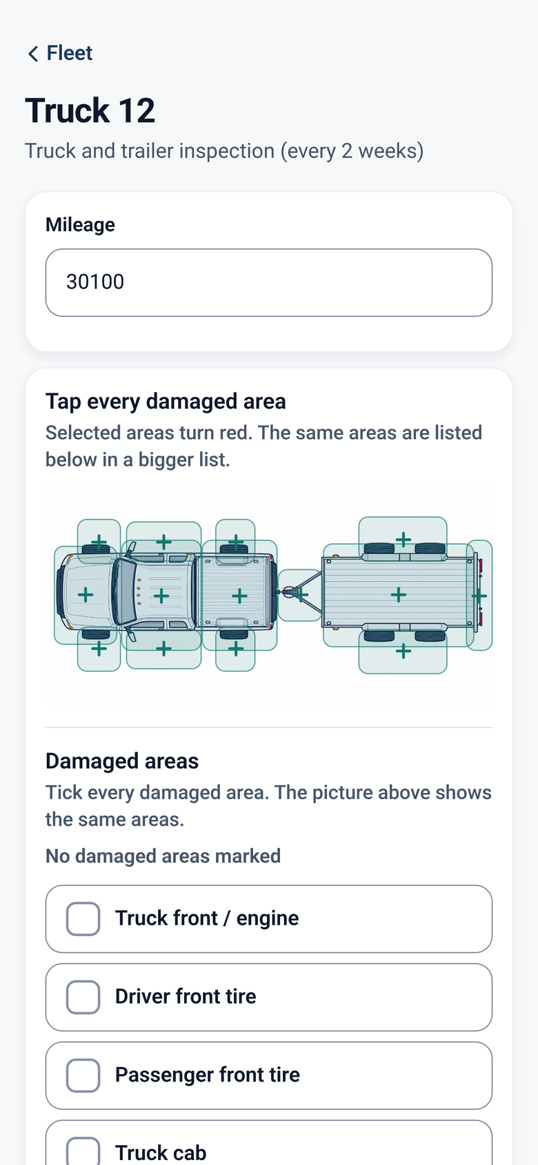 Truck inspection screen with a top-down truck and trailer picture to tap damaged areas (sample data)