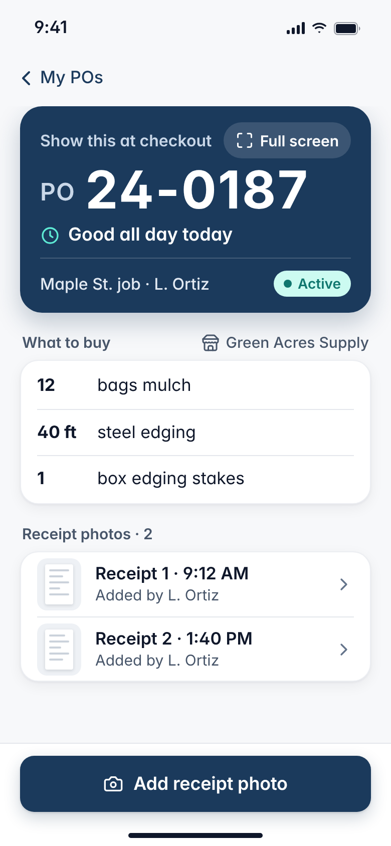 Foreman's daily PO with receipt photos (sample data)